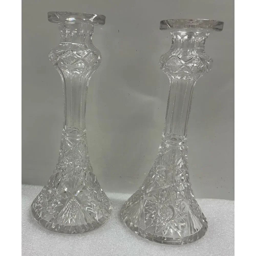 Vintage Rare American Brilliant Period Handcut Crystal Candle Holders / Vases